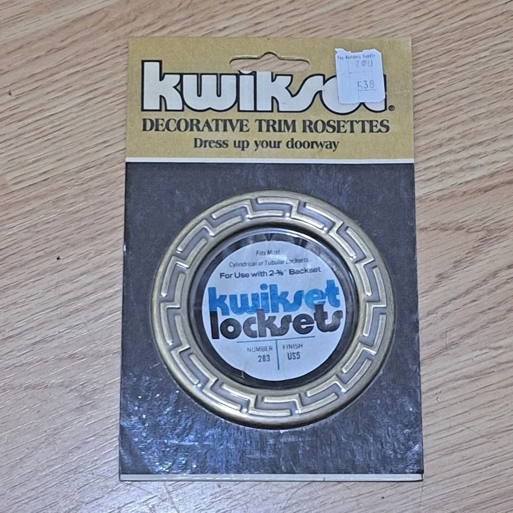 Vtg 70s 80s Kwikset Greek Key Door Lock Rosette Antique Brass Finish 283 US5‎
